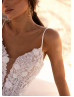 Thin Straps Beaded Ivory Floral Lace Tulle Delicate Wedding Dress